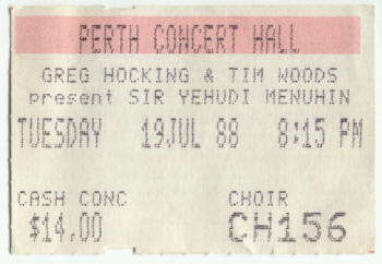 Sir Yehudi Menuhin concert ticket Perth Australia 19th July 1988 [cvxmelody]